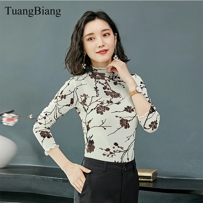 

Women Autumn 2018 Flocking Print Shirts Slim Petal Turtleneck Sexy Shirt Ladies Mesh Long Sleeve Gray Mesh Tops camisa feminina