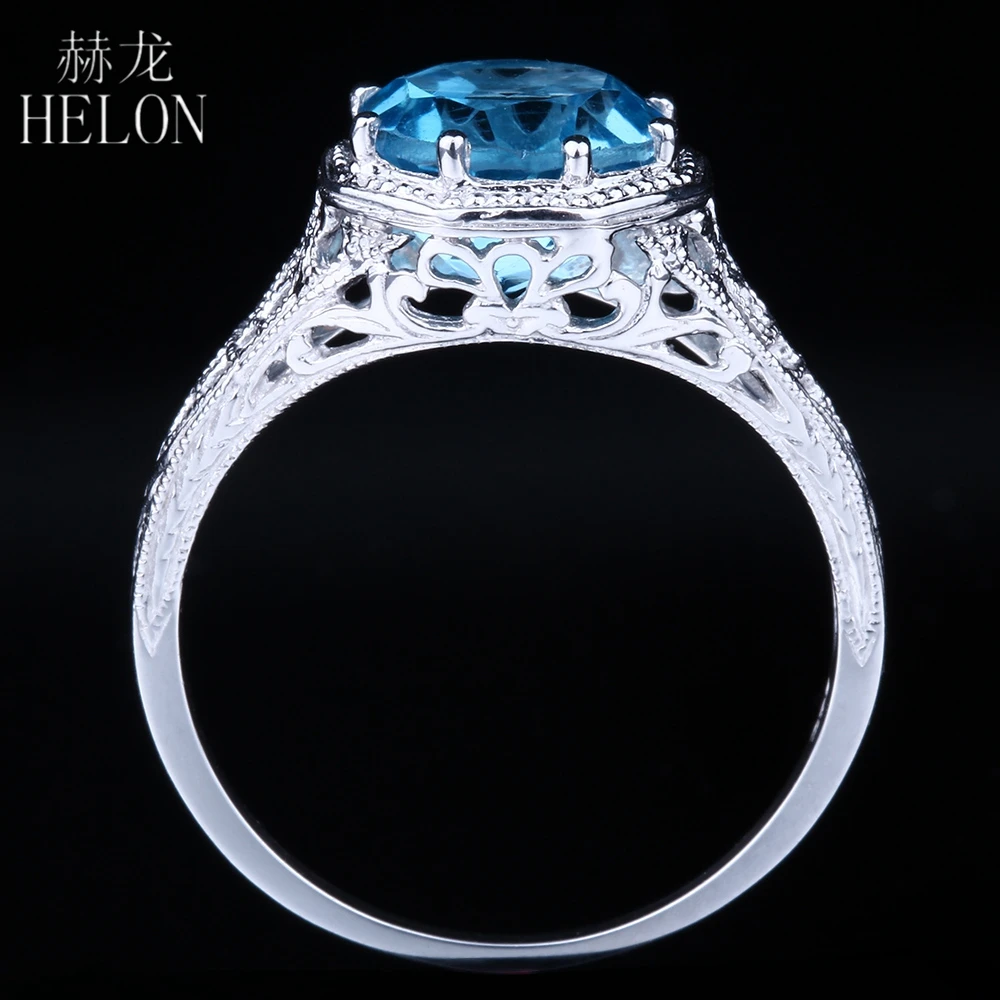 

HELON 8mm Round 2.3ct Swiss Blue Topaz Engagement Wedding Fine Ring Solid 10K White Gold Solitaire Women's Art Deco Antique Ring