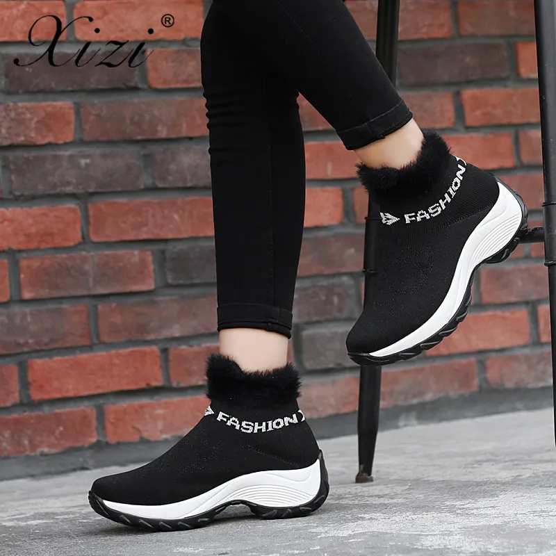 rouge D'hiver Push Chaussures Haute Wedge bleu blanc Zapatos Femme Bottes Chaud Noir Femmes Cheville Xizi De 2018 Mujer Neige hrxtdsQC