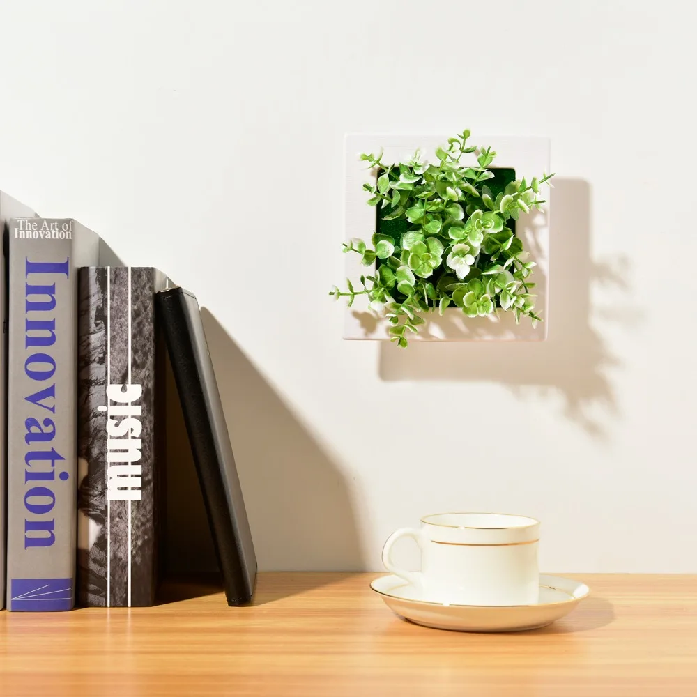 

Artificial Flowers Decorations Hanging Wall Decor Square 3D Plastic Flowerpots Set Holder Home Garden Fake Succulent Plants