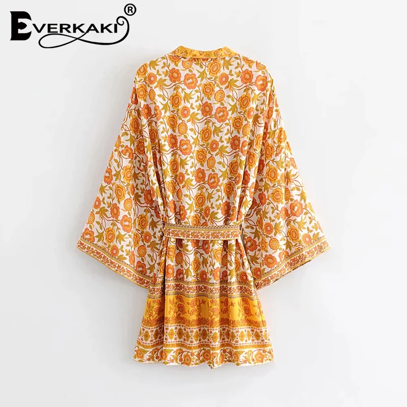 Everkaki Gypsy, цветочное кимоно, пальто, женские блузки, топы, хлопковые блузки, пальто для женщин,, богемная Женская одежда с поясом, осень