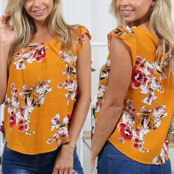 

Summer Chiffon Blouse Shirts Women Loose O-Neck Short Ruffles Sleeve Back Hole Lace-Up Tops Casual Floral Print Blouses 7Q1241
