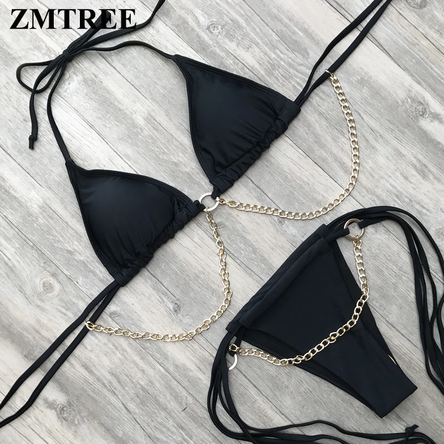 

ZMTREE Micro Bikinis Set 2019 Sexy Swimwear Metal Chain Lady String Swimsuit Halter Top Thong Biquini Brazilian Maillot De Bain