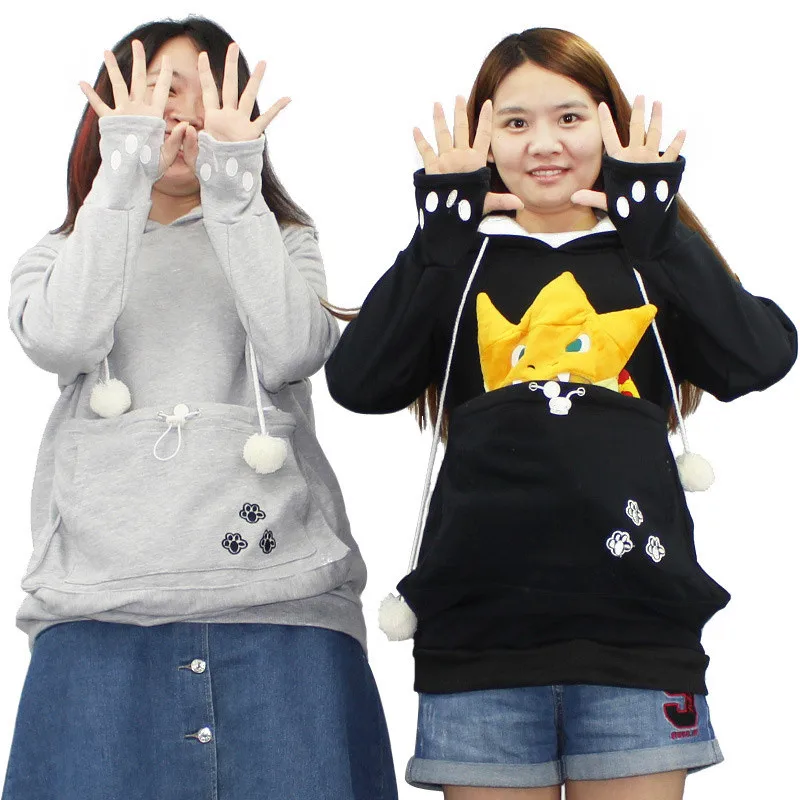 Mewgaroo Cat Lovers Hoodies Women Hooded Casual Pet Kangaroo Sweatshirt Women Pouch Hoodie Big Size