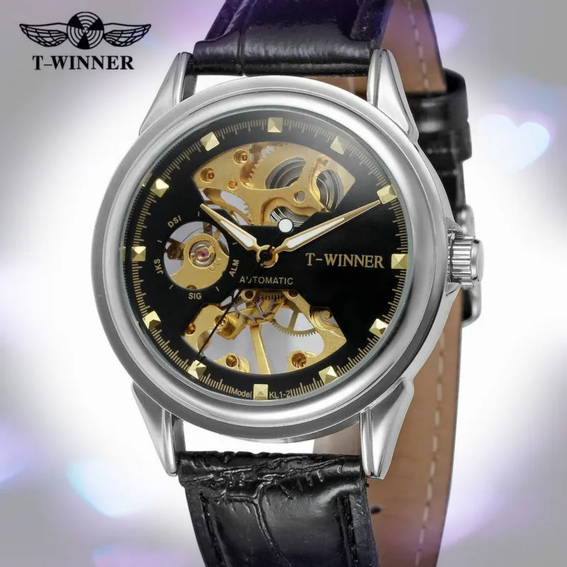 

T-WINNER Men's Hollow Mechanical Hand-wing Leather Strap Original Transparent Business Wrist Watches