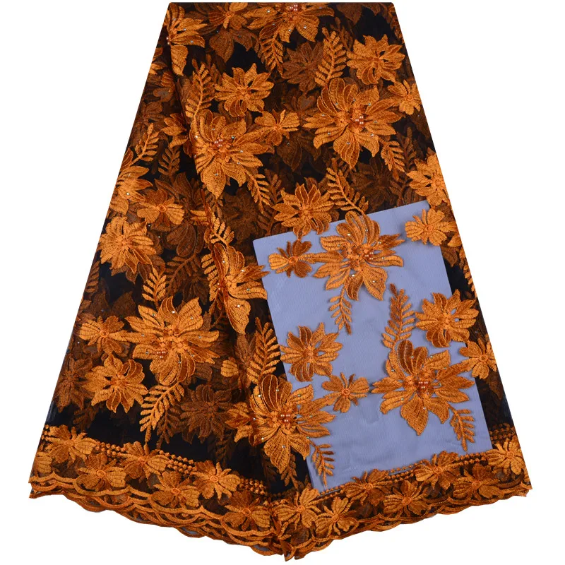 

Latest African Tulle Lace 2019 French Net Beaded Lace Fabric For Wedding Orange Color Embroidery African Lace Fabric F1346