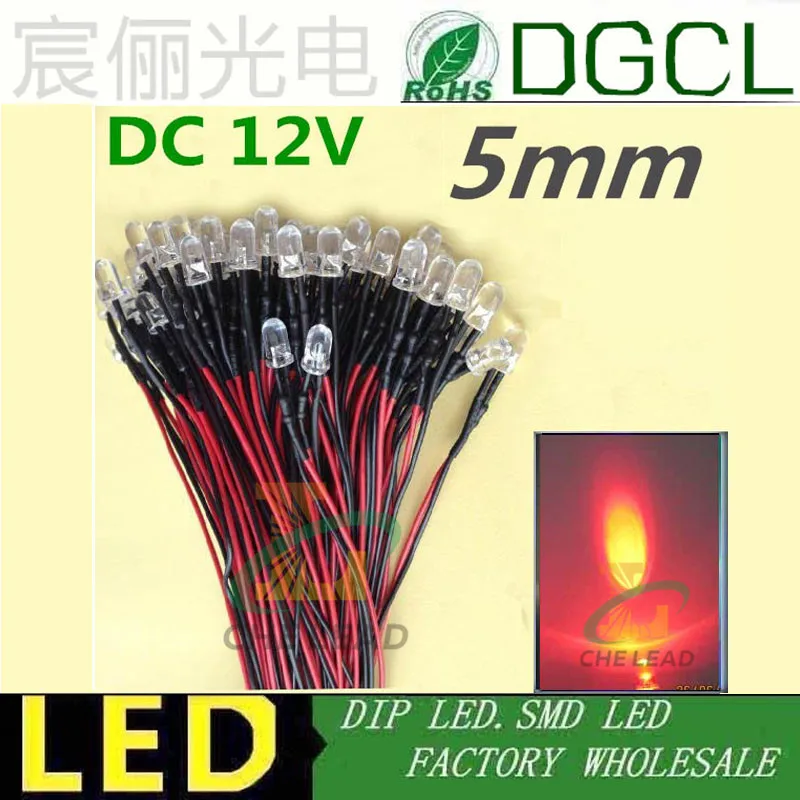 

100PCS Pre-wired Round 5mm led 20cm Cable RED DIP LED for led light lamp DC12V/24V Pre Wired led