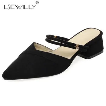

Lsewilly Women Med Heel Slippers Fashion Mule Shoes Pointed Toe Square Heel Slides Sandal Ladies PU Leather Zapatos Mujer E987
