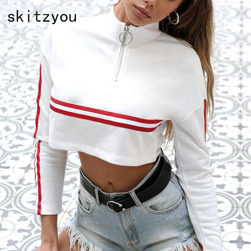 Skitzyou с длинным рукавом Для женщин Белый короткая футболка молнии Повседневное