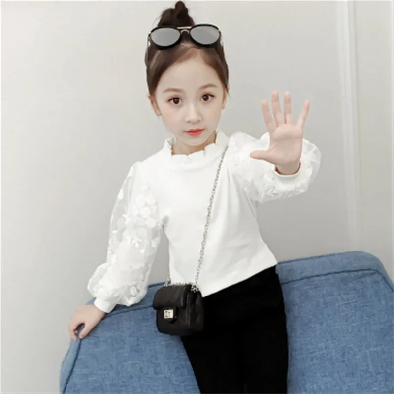 Girls Blouse White Lace Puff Long Sleeve Autumn Cotton Baby Toddler Teenager Girl Shirt Kids Tops Children Clothes A3035