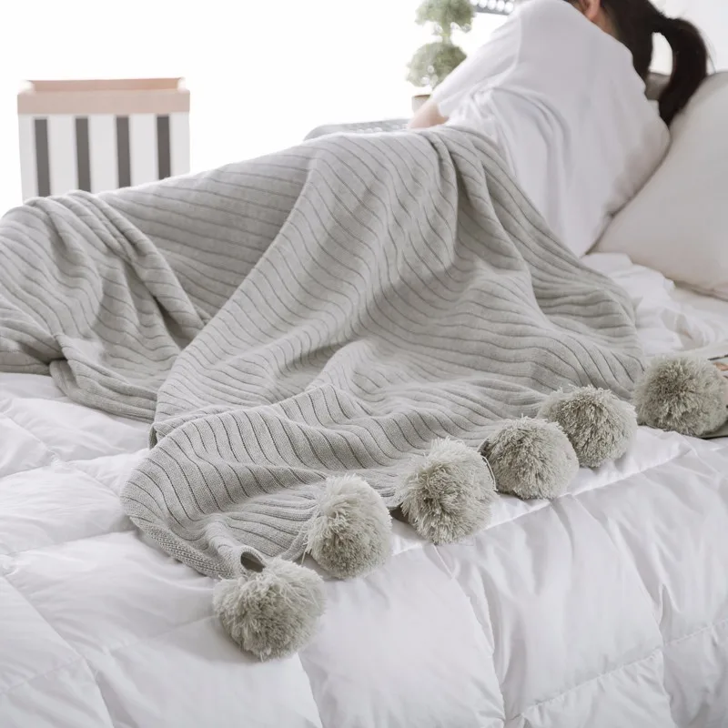 

Soft Grey Blanket with Ball For Beds Sofa 100% Cotton Gray Bedding Sofa Nap Bedspread with Tassels 5 clolors
