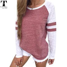 

2017 new arrivals red white striped patchwork casual women tops tees long sleeve
