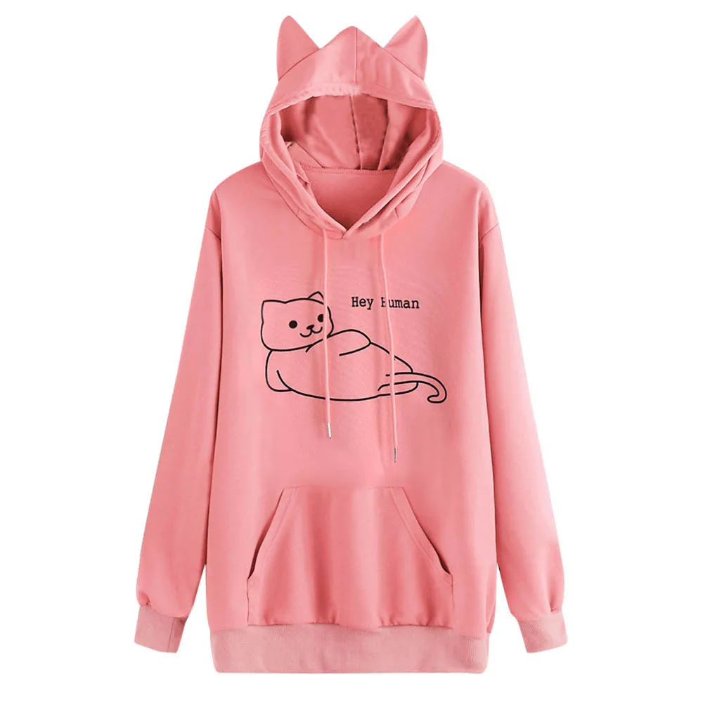 

2019 Autumn Winter Hooded Hoodies For Women Kawaii Cat Ear Loose Casual Streetwear Long Sleeve Outerwear Pullover Sweatshirts