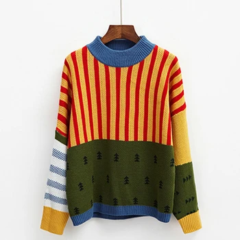 

TTOU Christmas Women's Sweater Full Sleeve Knitting Panelled Color O Neck Pullover Casual Loose Ladies Jumpers Tree Printed