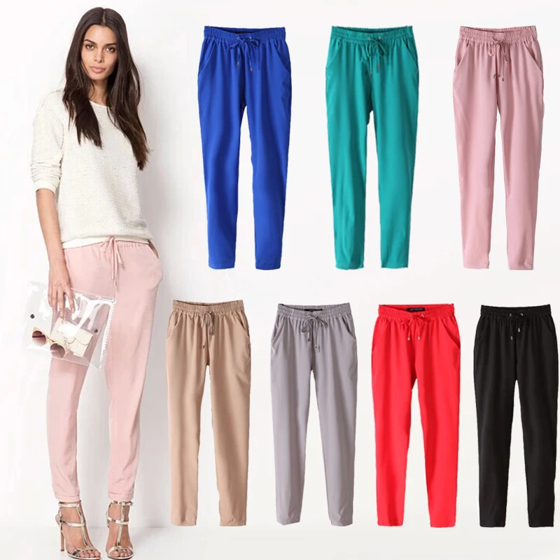 2015 Spring Women Casual Pants Solid Color Drawstring Elastic Waist