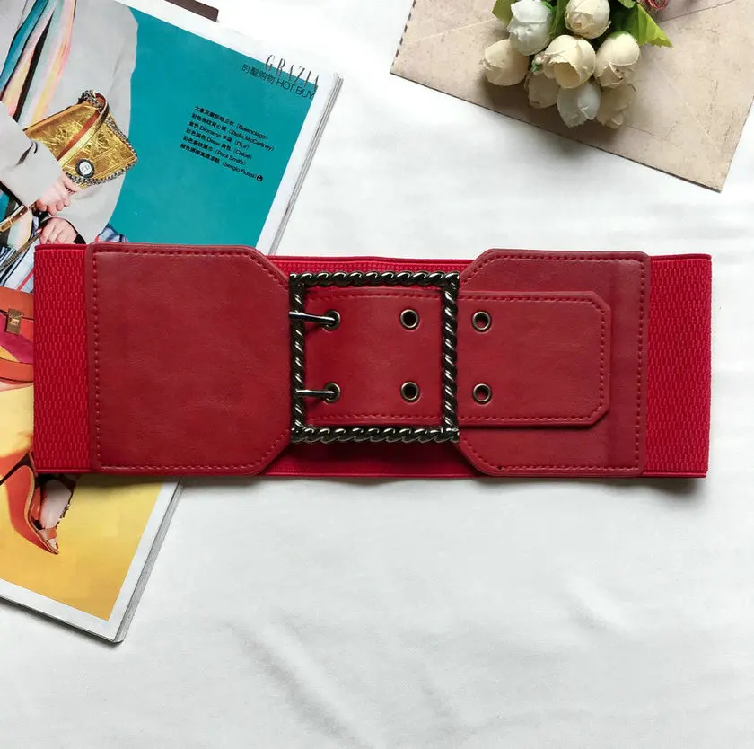 Широкий 10 см эластичный пояс женский винтажный металлический кожаный пояс с двойной пряжкой пояс эластичный PU корсет пояс широкие пояса женский - Цвет: Красный