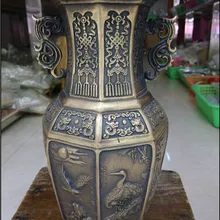 Коллекционная китайская декорированная старая ручная резная восьмиугольная Медная Ваза