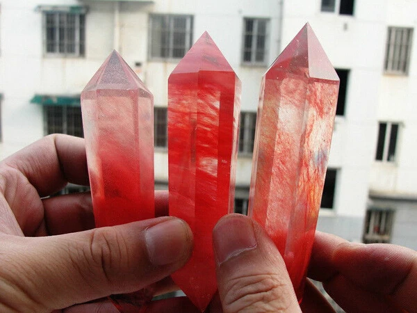 

huij 00463 3pcs 90-120cm Pretty Red Smelt Quartz Crystal Double Terminated Wand Healing