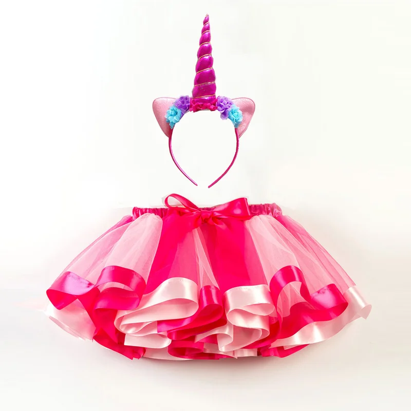 Детские платья для девочек многослойные юбки-пачки цветов радуги; юбка-пачка Рог единорога, повязка на голову с цветком, праздничный костюм на день рождения Размеры на 2-12 л