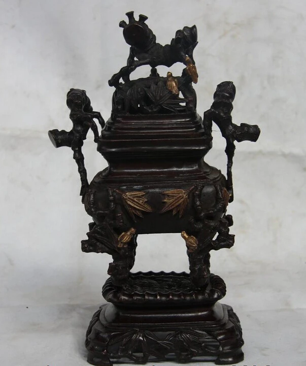 

Elegant old S1585 11 China Buddhism Palace Bronze Copper Carved Bamboo Bird Incense Burner Censer (A0321)