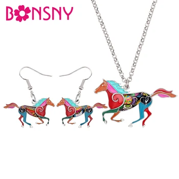

Bonsny Enamel Alloy Running Horse Jewelry Sets Earrings Dangle Necklace Pendant Choker Fashion Animal For Women Girls Teen Gifts
