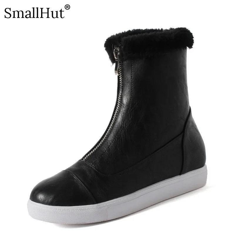 

Platform Snow Boots Winter Women Fashion Front Zipper Height Increasing Shoes D079 Elegant Ladies Warm Black White Ankle Boots