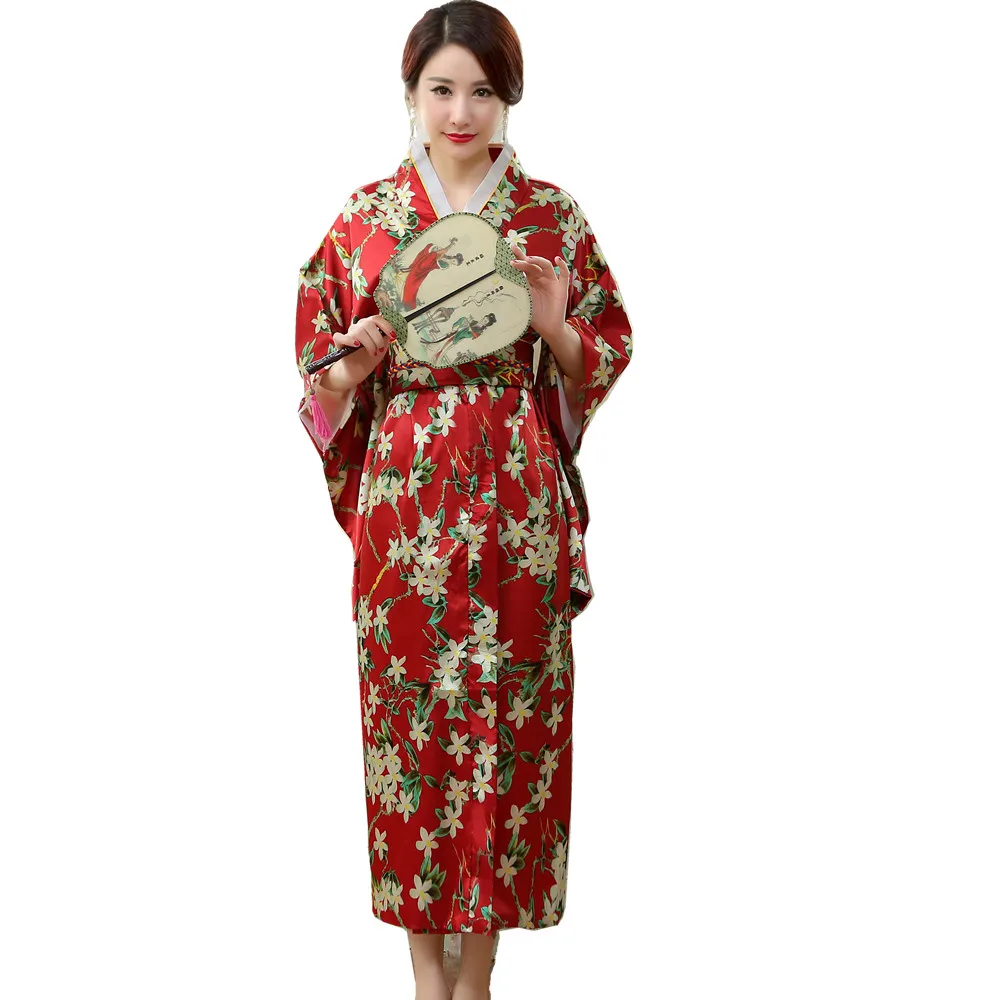 

Japanese Traditional Women Silk Rayon Kimono Vintage Yukata With Obi Performance Dance Dress Halloween Costume One Size HL01