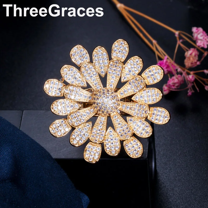 

ThreeGraces Elegant Flower Shape Cubic Zirconia Crystal Large Yellow Gold Color Wedding Engagement Party Rings for Brides RG045