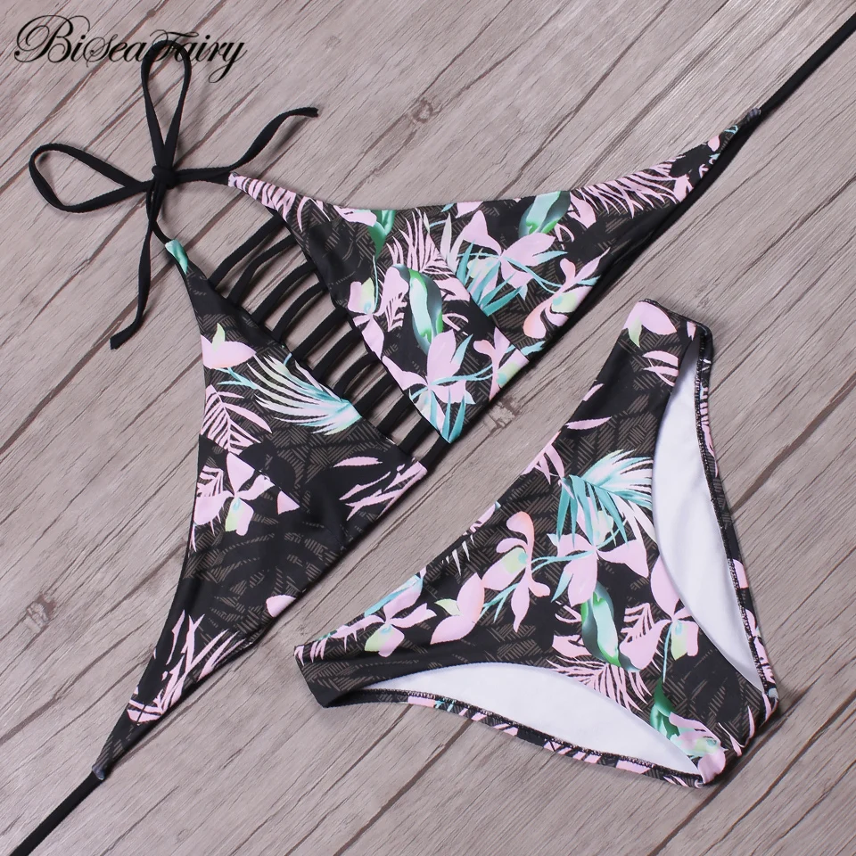 

Biseafairy 2019 Sexy High Neck Halter Bikinis Women Swimsuit Bandage Swimwear Print Bikini Set Brazilian Bathing Suits Swim Wear