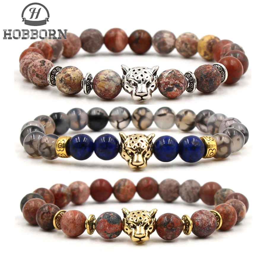 

HOBBORN Trendy Handmade Natural Stone Men Bracelet 8mm Beads Strand Leopard Head Women Elasticity Bracelets Meditation Jewelry