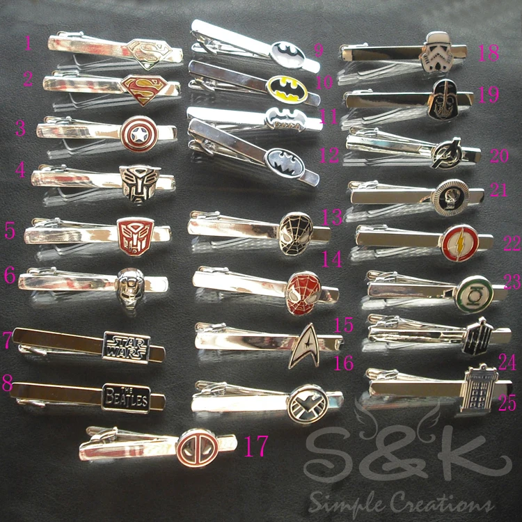 25 styles marvel avengers superhero tie clip flashman star wars stormtrooper spiderman pin batman ironman autobot superman |