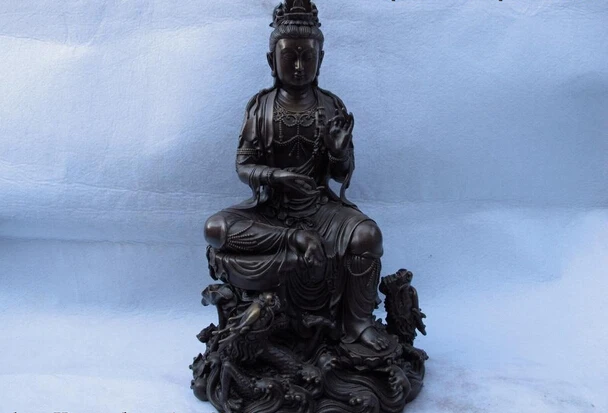 

150401 S0818 15 Tibet Copper Bronze Two Dragon Guan Yin Kwan-yin Boddhisattva Goddess Statue