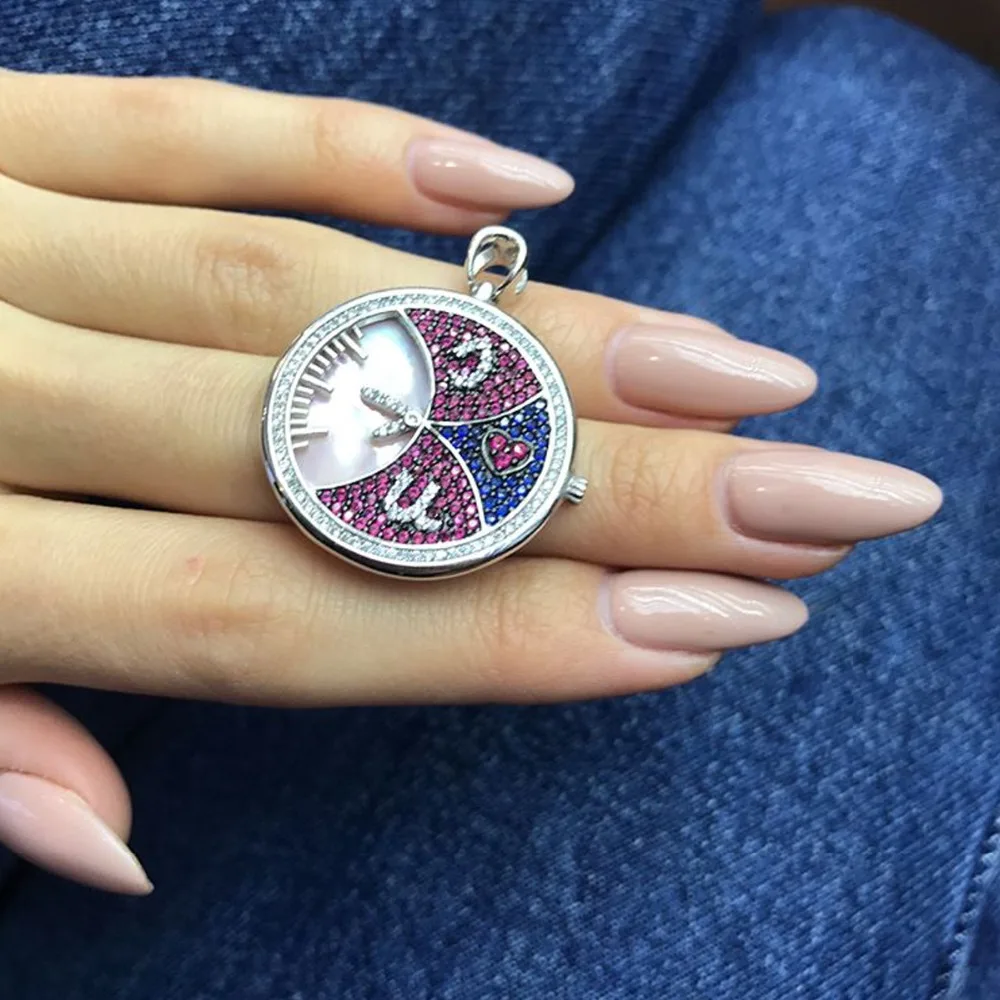 

925 Sterling Silver Jewelry Crystal Time Watch Big Pendant for Women Silver Colors Elegant Sweater Chain Necklace Christmas Gift