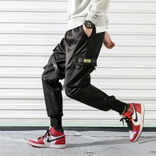 Новые стильные штаны-карго с лентами в стиле Харадзюку, Мужские штаны для бега, хип-хоп осенние повседневные мужские шаровары, большие размеры, черные