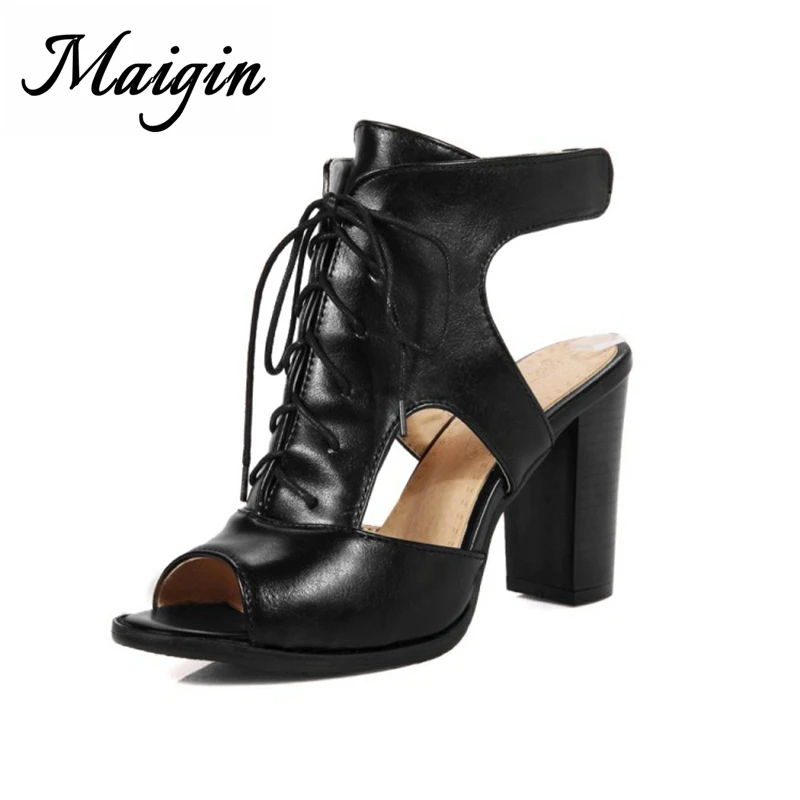 Maigin High Heels Summer Boots for Women 2018 Lace-up Gladiator Sandals Women Peep Toe Thick Heel Female Shoes Ladies Footwear