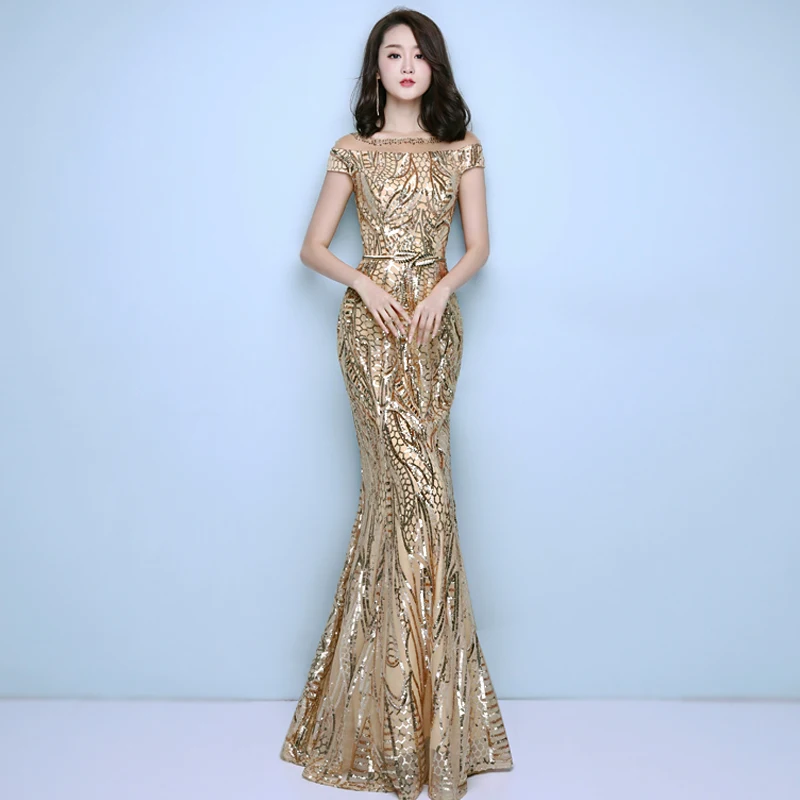 Сделать вечерние 2019 Новый Русалка длинное вечернее платье, пикантное элегантные роскошные золотые блестки особых мероприятий Формальные