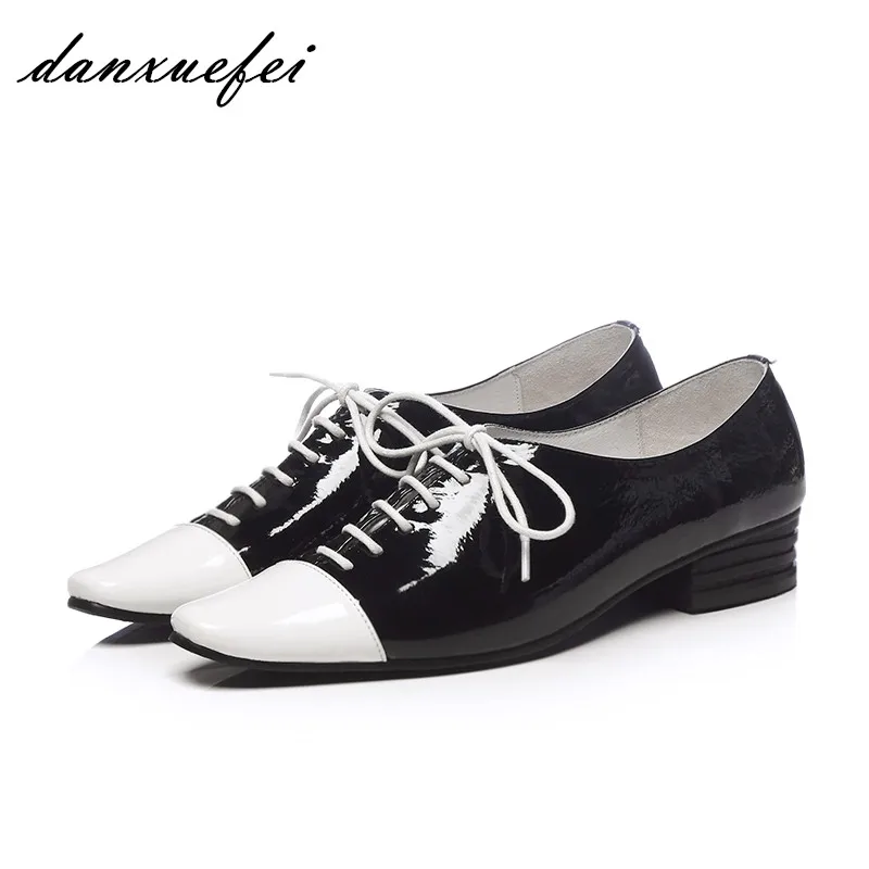 

Women's genuine leather patchwork lace-up flats oxfords brand designer square toe spring new female footwear OL style shoes sale