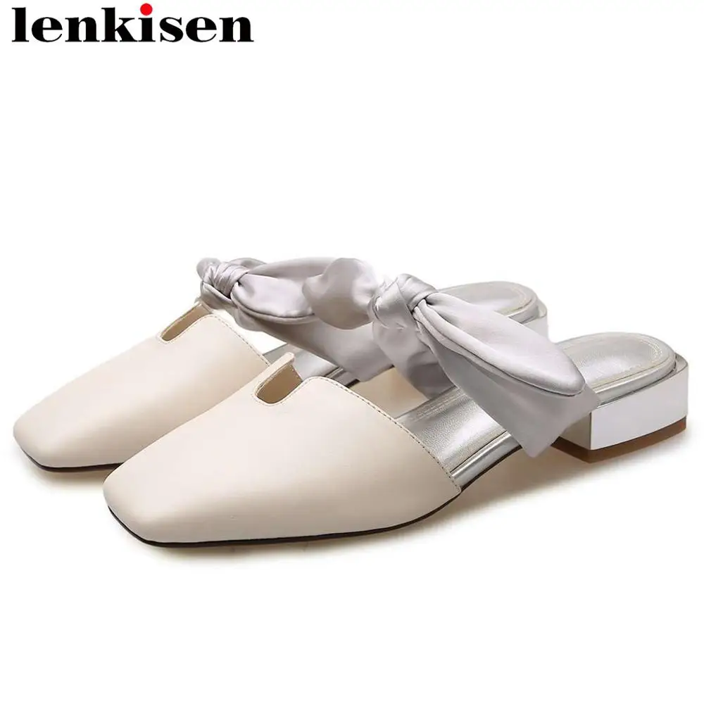 

Lenkisen natural leather gorgeous riband decoration low heels slip on mules square toe plus size princess style dating shoes L05