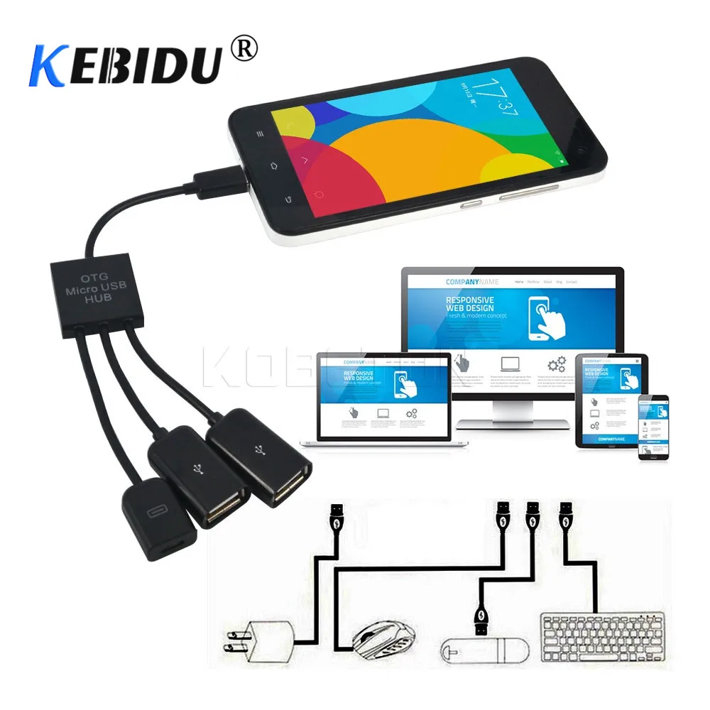 Kebidu 3 в 1 USB OTG концентратор адаптер кабель сплиттер разъемы порта Micro Дата-кабель