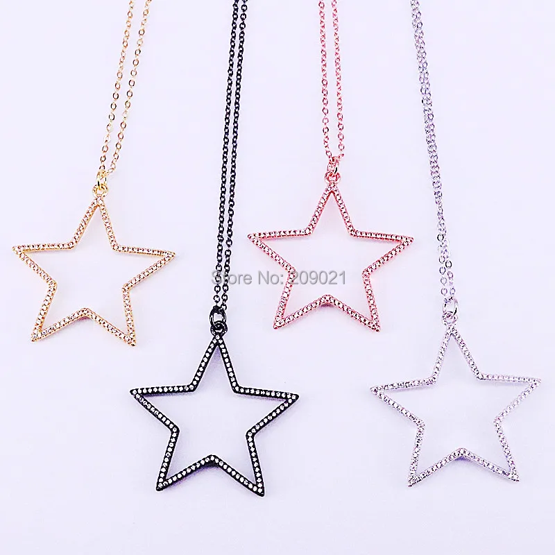 

High Quality 8Pcs Micro Pave White/Black CZ Zirconia Hollow Star Charm Pendant Necklaces Jewelry For Women Girl Gift