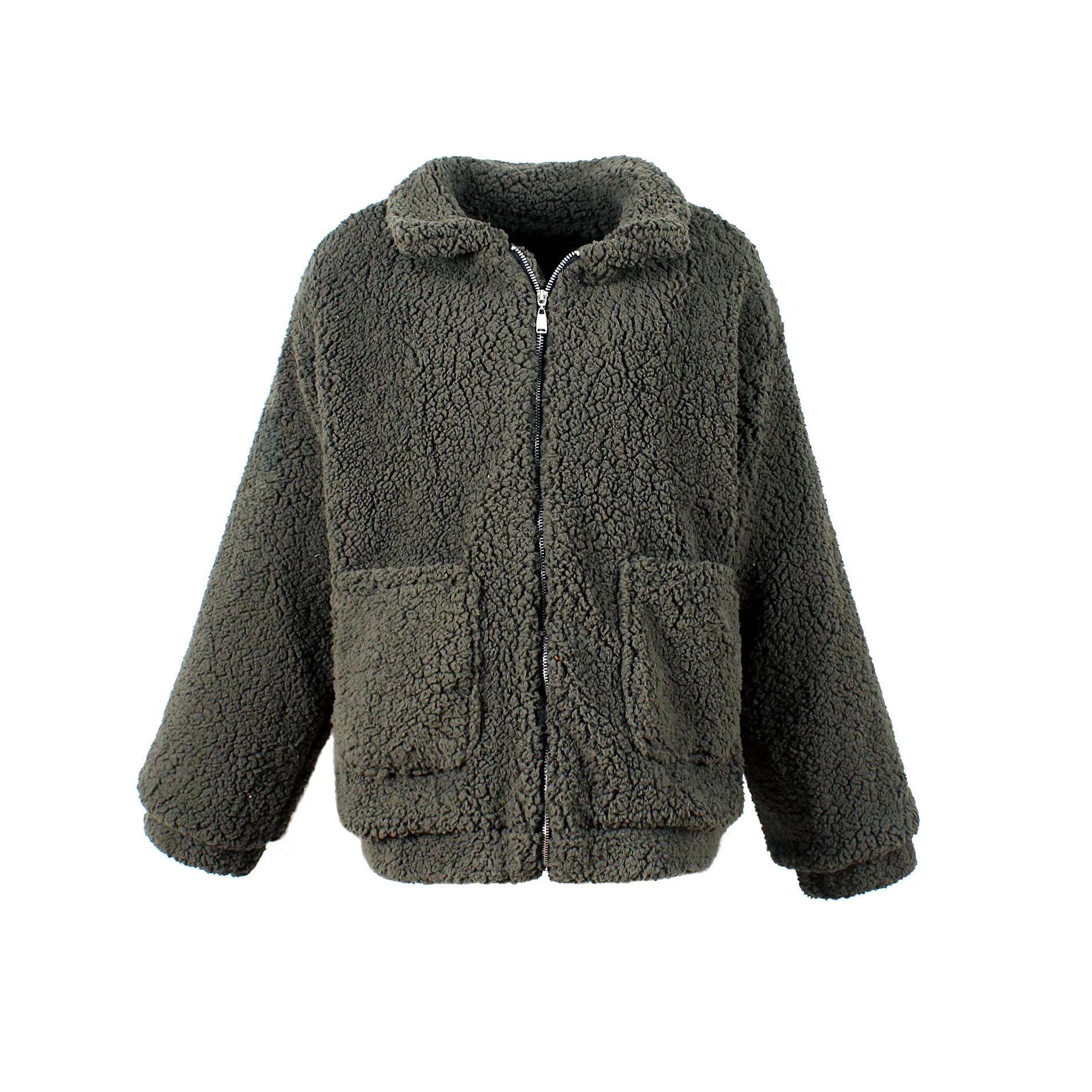 Zogaa, элегантное пальто из искусственного меха для женщин, осень, зима, толстая, теплая, мягкая, флисовая куртка, карман, на молнии, верхняя одежда, пальто, мишка, плюшевое пальто - Color: Army green