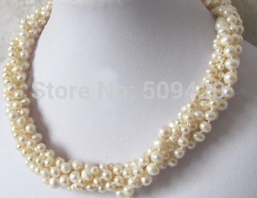 

Free Shipping 16" 3-7mm 5Row White Freshwater Pearl Necklace Off Round Choker Jewelry
