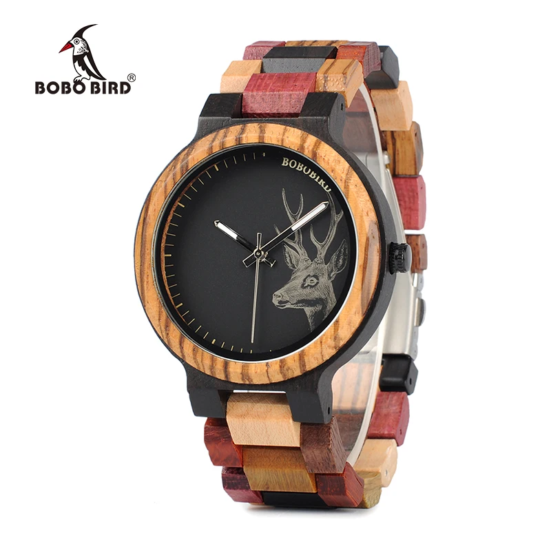 BOBO BIRD Top Brand Watches Men V-P14-2 Unique Quartz Wristwatch Colorful Wood Band With Deer Head Face Display