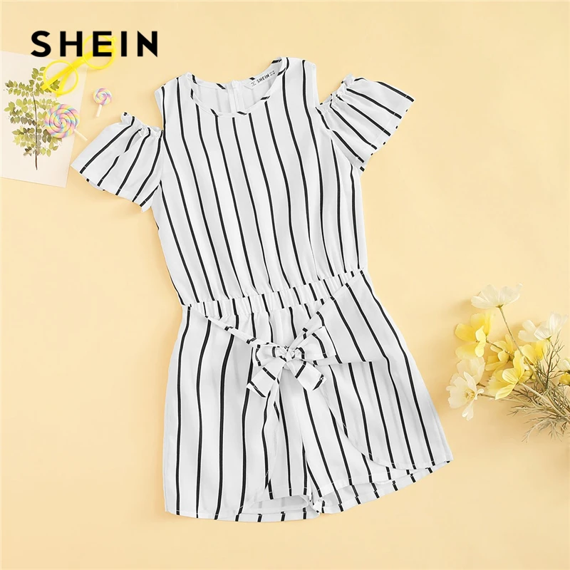 

SHEIN Kiddie Cold Shoulder Tie Waist Striped Girls Boho Romper Kids 2019 Summer Holiday Short Sleeve Zipper Back Child Jumpsuits