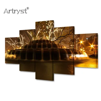 

5 Pieces Modular Home Decor Fountain Trees Light Landscape Poster HD Printing On The Canvas Wall Art Image for the living room