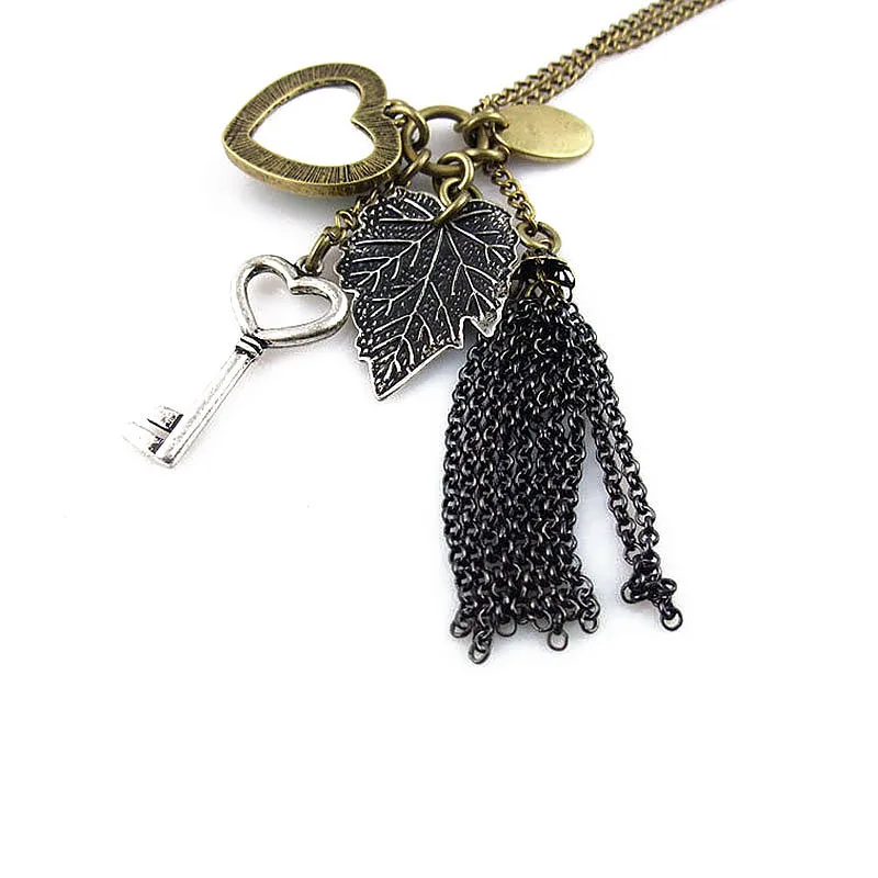 heart peacock feather key leave tassel necklace20