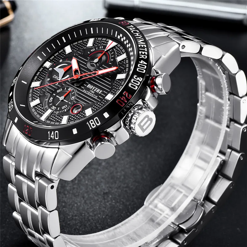 BOYZHE الرجال الذاتي الرياح ساعات آلية للماء التلقائي ووتش الرجال الفولاذ المقاوم للصدأ الأسود Relojes هومبر 2019 دروبشيب