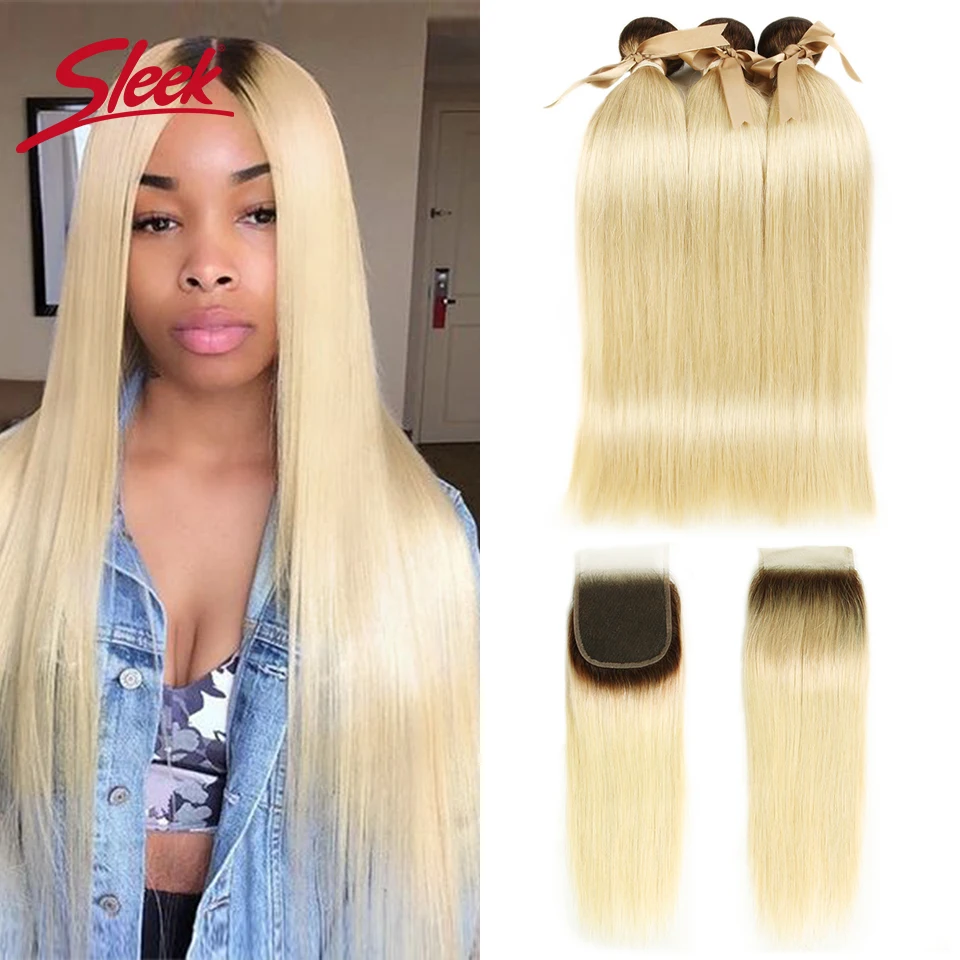 Sleek Ombre Blonde Bundles With Closure Brazilian Straight Remy Human