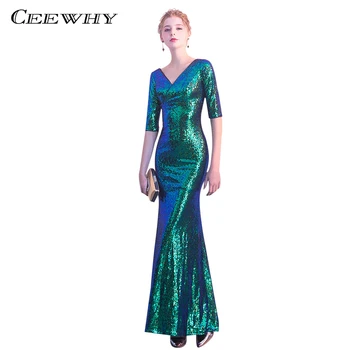 

CEEWHY Half Sleeve Luxury Mermaid Long Evening Dresses Sequined Prom Dress Robe De Soiree Green Evening Gowns Long Formal Dress