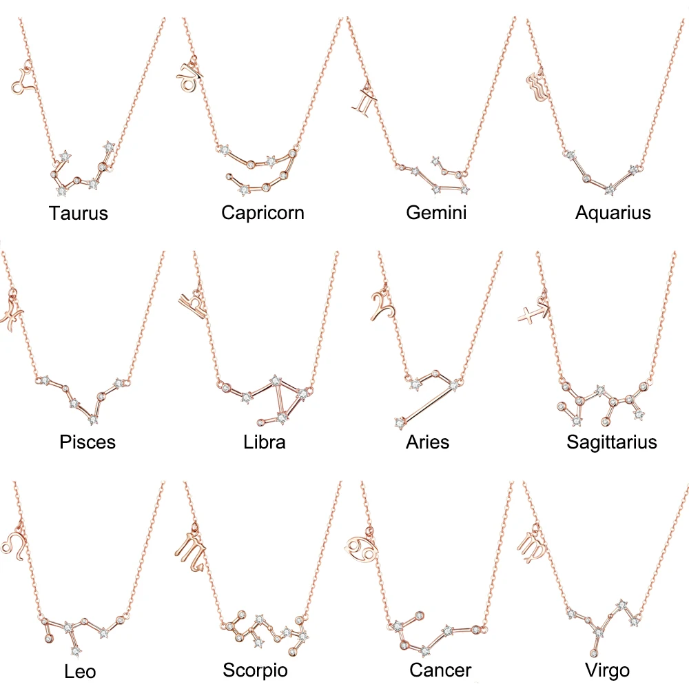 

BISAER Hot Sale 925 Sterling Silver Twelve Constellation Necklaces Star Sign Pendants Necklaces for Women Silver Jewelry Collar